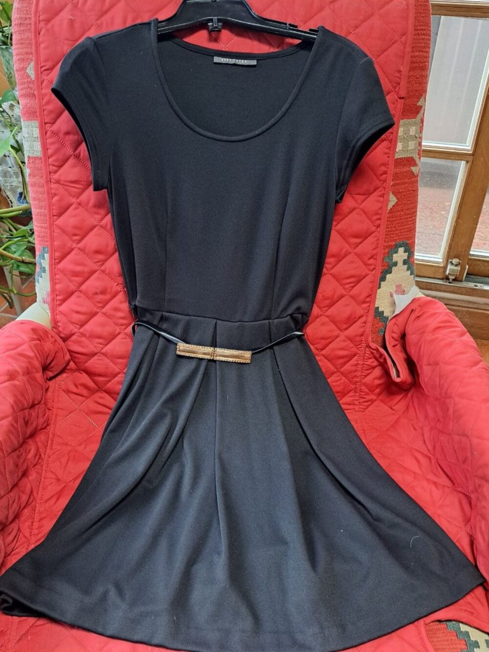 Suzy Shier Black Fit & Flare Dress with Attached Belt with Gold-tone Clasp